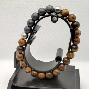 Fossil Tiger’s Eye, Hematite and Steel Bracelet